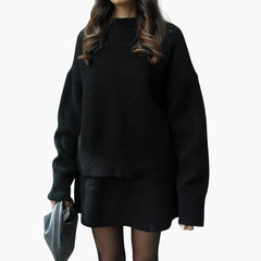 Chic Black Knit Two Piece Set for Women with Crew Neck Sweater High Waist Mini Skirt Lounge Style