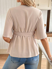Effortless Maternity Wrap Blouse for Women with V Neck Flutter Sleeve Tie Waist Peplum Style