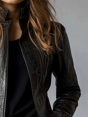 Chic Black Faux Leather Jacket for Women with Stand Collar Zip Front Fitted Casual Style