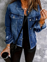 Effortless Deep Blue Distressed Jean Jacket for Women with Collar Long Sleeve Button Front Frayed Relaxed Style