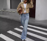 Effortless Khaki Cropped Trench Coat Jacket for Women with Notched Lapel Long Sleeve Double Breasted Style