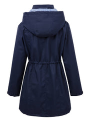 Chic Hooded Rainwear Jacket for Women with Drawstring Waist Zip Front Longline Windbreaker Outdoor Style