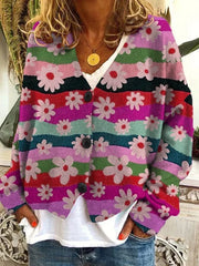 Cozy Floral Knit Cardigan for Women with V Neck Long Sleeve Striped Button Front Style
