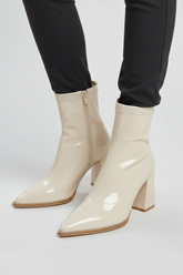 Chic White Ankle Boots for Women with Pointed Toe Block Heel Side Zip Patent Style
