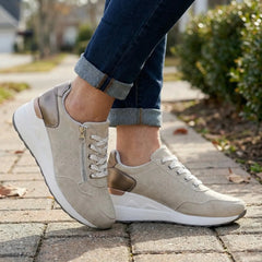 Comfortable Wedge Sneakers for Women with Round Toe Side Zip Lace Up Perforated Metallic Style