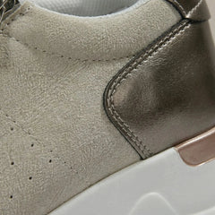 Comfortable Wedge Sneakers for Women with Round Toe Side Zip Lace Up Perforated Metallic Style