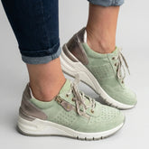 Comfortable Wedge Sneakers for Women with Round Toe Side Zip Lace Up Perforated Metallic Style