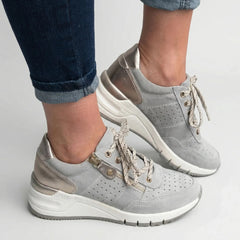 Comfortable Wedge Sneakers for Women with Round Toe Side Zip Lace Up Perforated Metallic Style