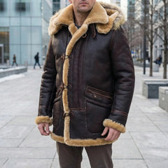 Cozy Brown Faux Leather Shearling Coat for Men with Hooded Collar Long Sleeve Toggle Button Winter Style