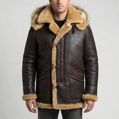 Cozy Brown Faux Leather Shearling Coat for Men with Hooded Collar Long Sleeve Toggle Button Winter Style