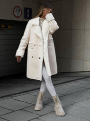 Cozy Faux Fur Coat for Women with Notched Lapel Long Sleeve Double Breasted Shearling Style