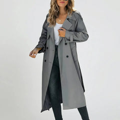 Elegant Trench Coat for Women with Notched Lapel Long Sleeve Double Breasted Belted Long Style