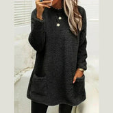 Cozy Longline Fleece Sweater for Women with Round Neck Long Sleeve Button Pocket Pullover Style