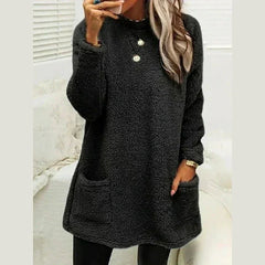 Cozy Longline Fleece Sweater for Women with Round Neck Long Sleeve Button Pocket Pullover Style