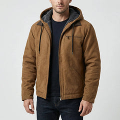Warm Hooded Jacket for Men with Corduroy Collar Long Sleeve Zip Up Sherpa Lined Trucker Style