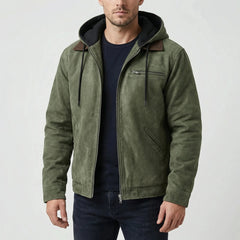 Warm Hooded Jacket for Men with Corduroy Collar Long Sleeve Zip Up Sherpa Lined Trucker Style