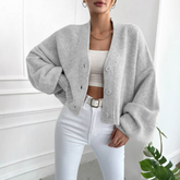 Chic Cropped Knit Cardigan for Women with V Neck Balloon Sleeve Button Front Relaxed Style