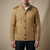 Cozy Cable Knit Cardigan for Men with Stand Collar Long Sleeve Button Up Aran Knit Winter Style