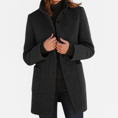 Classic Wool Winter Trench Coat for Women with Stand Collar Long Sleeve Single Breasted Overcoat Style