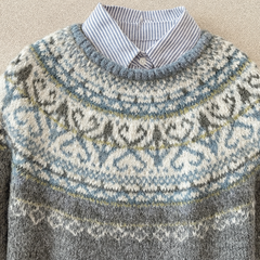 Cozy Grey Fair Isle Knit Sweater for Women with Crew Neck Long Sleeve Nordic Pullover Winter Style