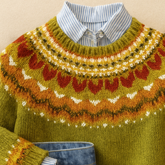 Cozy Green Fair Isle Knit Sweater for Women with Crew Neck Long Sleeve Nordic Pullover Winter Style