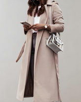 Elegant Long Winter Trench Coat for Women with Notched Lapel Long Sleeve Tie Belt Wrap Style
