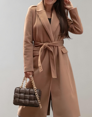 Elegant Long Winter Trench Coat for Women with Notched Lapel Long Sleeve Tie Belt Wrap Style