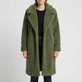 Cozy Teddy Coat for Women with Notched Lapel Long Sleeve Open Front Faux Fur Longline Style