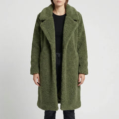 Cozy Teddy Coat for Women with Notched Lapel Long Sleeve Open Front Faux Fur Longline Style