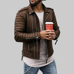 Edgy Leather Jacket for Men with Notch Lapel Long Sleeve Asymmetric Zip Quilted Moto Style