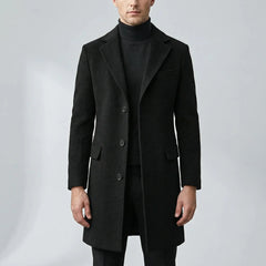 Elegant Wool Coat for Men with Notch Lapel Long Sleeve Single Breasted Longline Business Style
