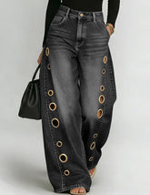 Effortless Grommet Cutout High Waisted Jeans for Women with Wide Leg Relaxed Denim Casual Style