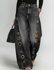 Effortless Grommet Cutout High Waisted Jeans for Women with Wide Leg Relaxed Denim Casual Style
