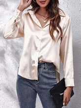 Elegant Satin Long Sleeve Shirt for Women with Collar Button Front Relaxed Silky Style