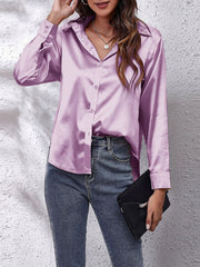 Elegant Satin Long Sleeve Shirt for Women with Collar Button Front Relaxed Silky Style