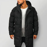 Cozy Long Puffer Coat for Men with Hooded Collar Long Sleeve Zip Up Quilted Longline Style