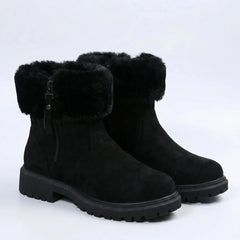 Women's Suede Faux Fur Collar Ankle Winter Snow Boots Side Zip Warm Lug Sole