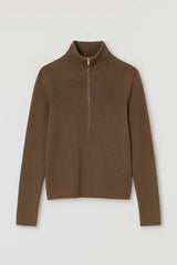 Cozy Brown Ribbed Quarter-Zip Knit Sweater for Women with High Funnel Collar Long Sleeve Slim Pullover Style