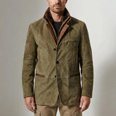 Rugged Faux Suede Field Jacket for Men with Stand Collar Long Sleeve Button Front Leather Trim Style