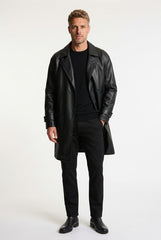 Chic Leather Trench Coat for Men with Notch Lapel Long Sleeve Double Breasted Longline Style