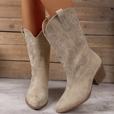 Stylish Suede Cowboy Boots for Women with Embroidered Pointed Toe Block Heel Western Style