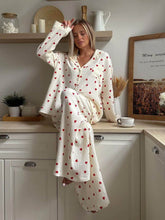 Comfortable White Heart Print Pajama Set for Women with Notch Collar Long Sleeve Wide Leg Two Piece Style