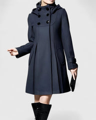 Elegant Long Wool Coat for Women with Hooded Double Breasted Button Placket Flared Swing Winter Style