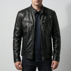 Edgy Leather Jacket for Men with Stand Collar Long Sleeve Zip Up Cafe Racer Moto Style