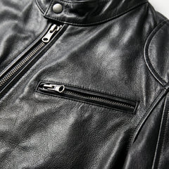 Edgy Leather Jacket for Men with Stand Collar Long Sleeve Zip Up Cafe Racer Moto Style