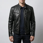 Edgy Leather Jacket for Men with Stand Collar Long Sleeve Zip Up Cafe Racer Moto Style