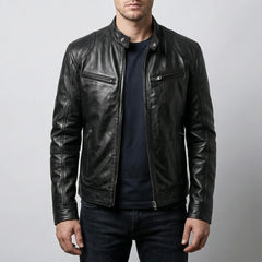 Edgy Leather Jacket for Men with Stand Collar Long Sleeve Zip Up Cafe Racer Moto Style