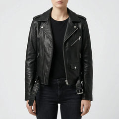 Women's Faux Leather Moto Jacket Biker Asymmetric Zip Belted Notch Lapel Zip Cuffs Cropped