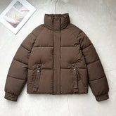 Cozy Puffer Jacket for Women with High Stand Collar Long Sleeve Zip Up Padded Short Style