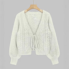Cozy Chunky Cable Knit Cardigan for Women with V Neck Long Sleeve Tie Front Cropped Style